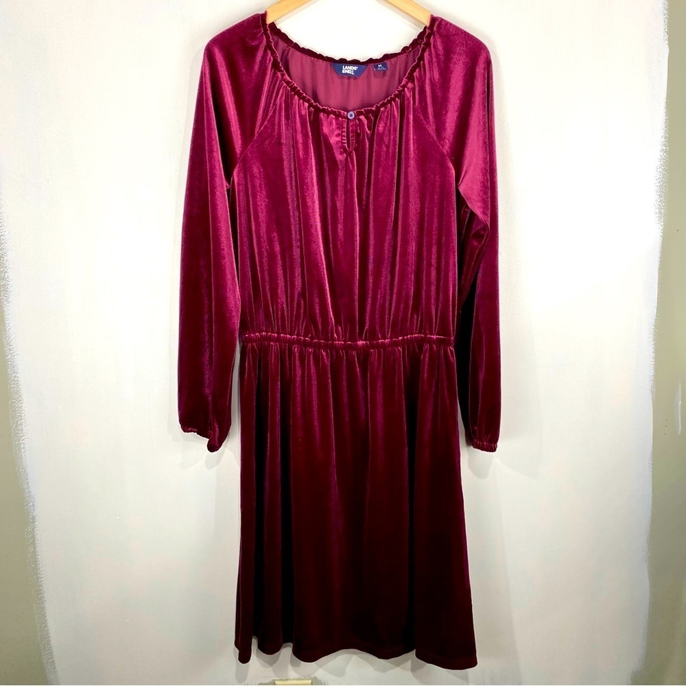 Land's End Red Velvet Pilgrim Prairie Long‎ Sleeve Flowy Midi Dress Medium 10-12